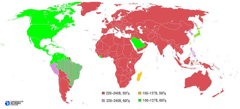 Карта електричного напруження і частоти струму в різних країнах світу