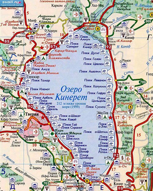Дуже докладна карта Галілейського моря (Тіверіадське озеро, воно ж Кінерет) і його околиць російською мовою
