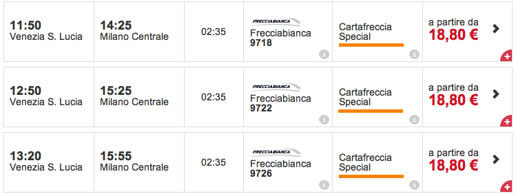 При виборі квитків на цікавий для потяг, звертайте уваги, що іноді поруч з низькою ціною може перебувати напис Cartafreccia Special, це означає, що квитки доступні лише власникам карти Cartafreccia - карти постійного користувача італійської залізниці